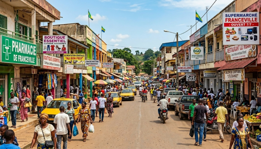 Une rue commerçante très animée et colorée à Franceville, au Gabon, un jour de marché, avec de nombreux piétons, des taxis jaunes, et des enseignes visibles comme 'Pharmacie de Franceville' et 'Supermarché Franceville'.