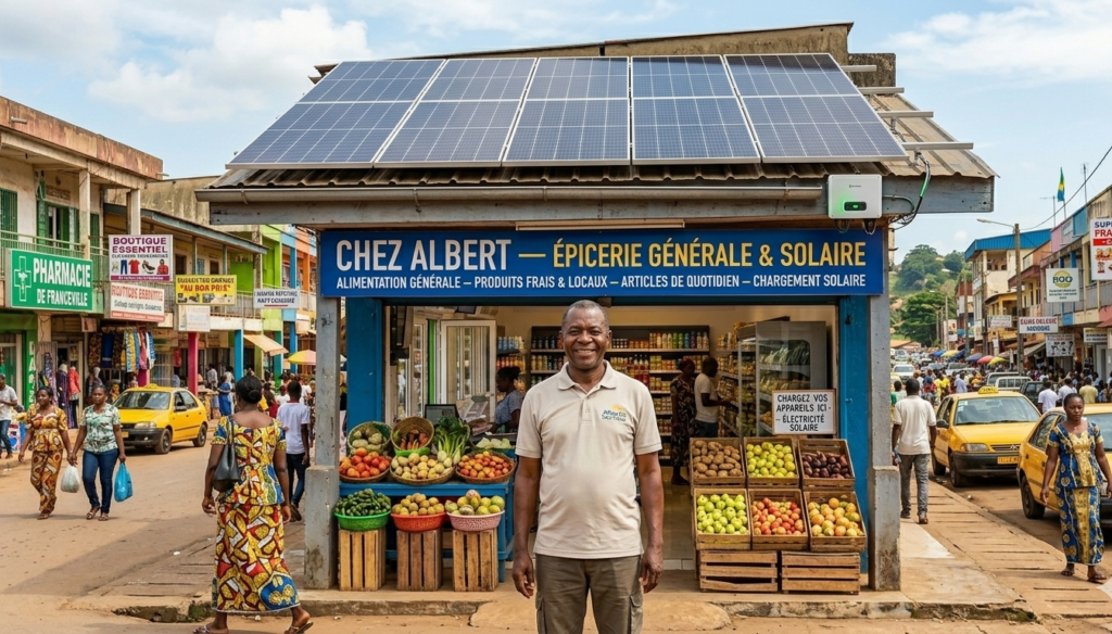 Commerçant avec installation solaire sur le toit à Franceville, Gabon, pour son épicerie.