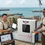 Installation d'un système solaire et WoW 2000 à Port-Gentil pour réduire la facture d'électricité SEEG, avec techniciens en maintenance sur un toit face à la mer.