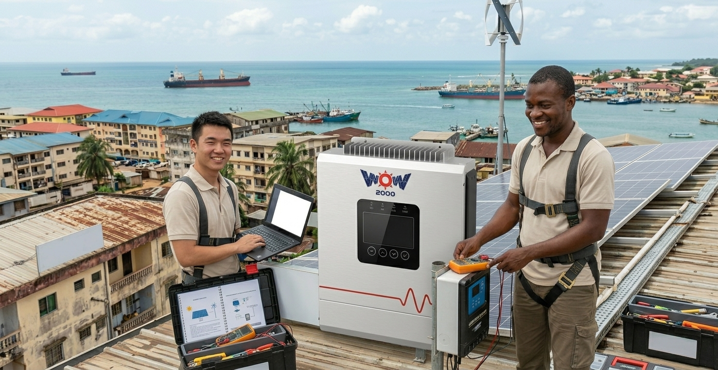 Équipe de techniciens WoW 2000 réalisant une installation d'énergie renouvelable sur un toit à Port-Gentil. L'image montre l'onduleur WoW 2000, des panneaux solaires et deux éoliennes, avec une vue panoramique sur le port et l'océan.