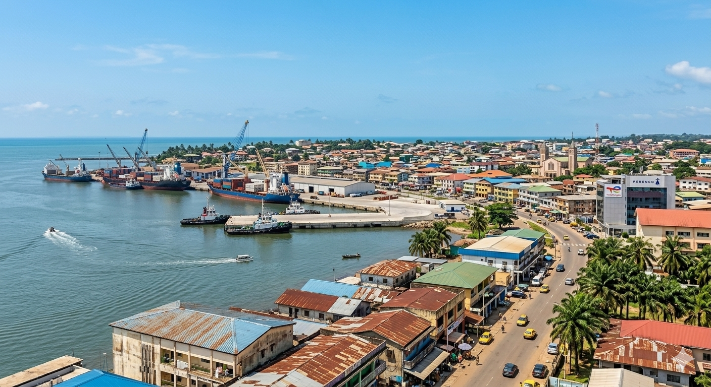 Vue panoramique aérienne du port de Port-Gentil au Gabon, montrant les navires à quai, la côte ensoleillée et les nombreux toits de la ville sous un ciel bleu dégagé.