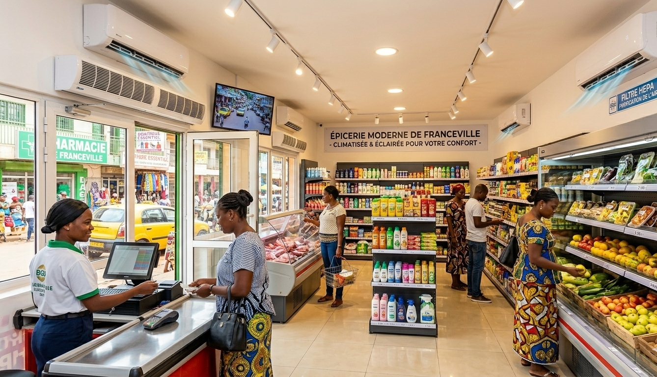 Intérieur d'une épicerie moderne et lumineuse à Franceville, Gabon, montrant des rayons bien achalandés, des clients faisant leurs courses et des climatiseurs actifs pour un confort optimal.