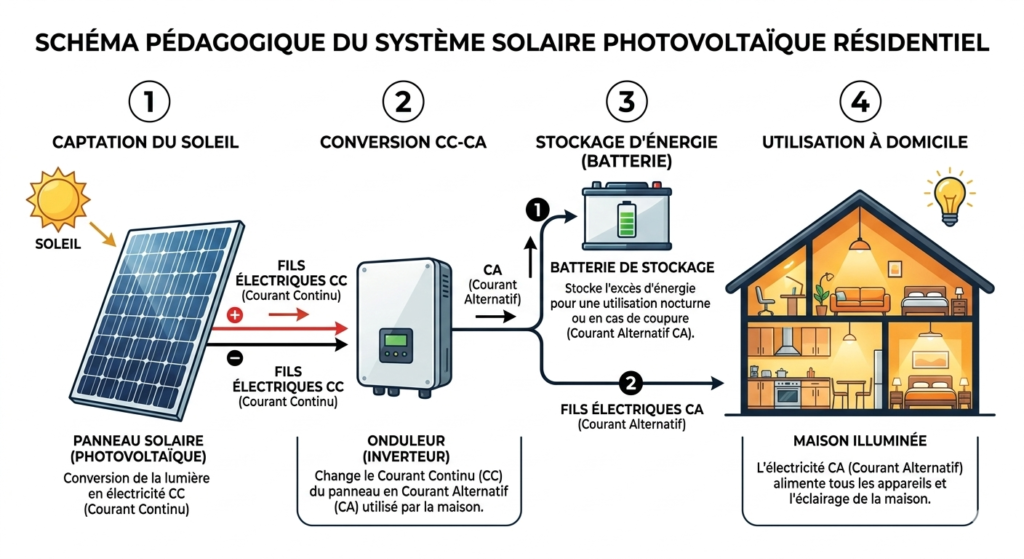 Schéma pédagogique système solaire photovoltaïque