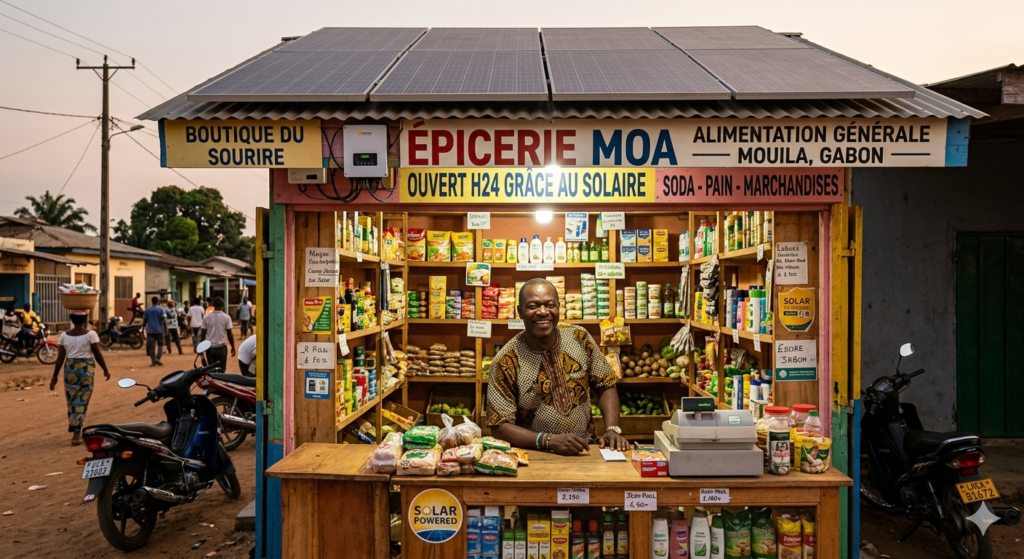 Petit commerce solaire Mouila Gabon indépendance