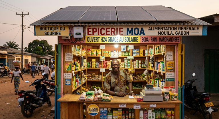 Petit commerce solaire Mouila Gabon indépendance