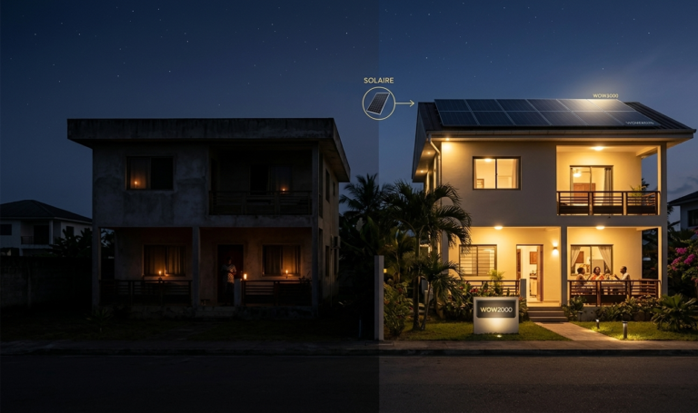 Comparaison entre une maison subissant un délestage et une maison autonome grâce au solaire WOW2000 à Libreville.