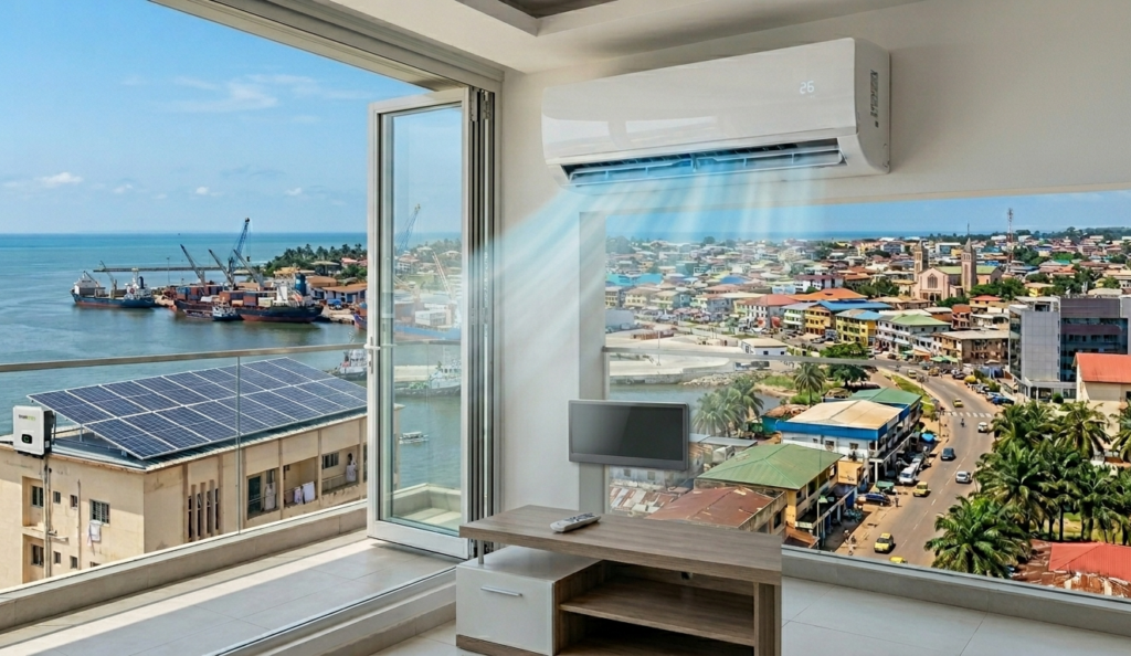 Intérieur d'un salon moderne et frais à Port-Gentil (Gabon) avec un climatiseur mural en marche. À travers la grande fenêtre ouverte, on aperçoit des panneaux solaires installés sur un toit voisin, avec une vue panoramique sur le port, les navires et l'océan sous un ciel bleu.