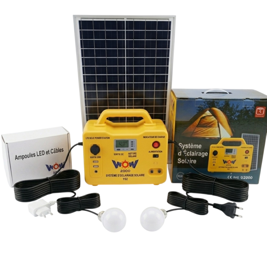 Kit d'éclairage solaire portable avec panneau photovoltaïque, ampoules LED et batterie intégrée pour camping et zones isolées.