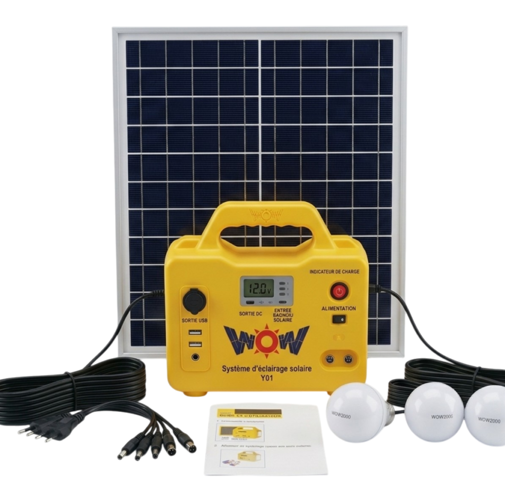 Station d'énergie solaire compacte avec panneau photovoltaïque polycristallin et ampoules LED pour autoconsommation mobile.