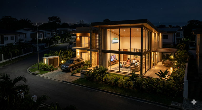 Résidence quartier moderne Libreville WOW2000 solaire nuit