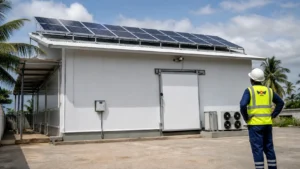 Technicien WOW2000 devant une chambre froide alimentée par des panneaux solaires