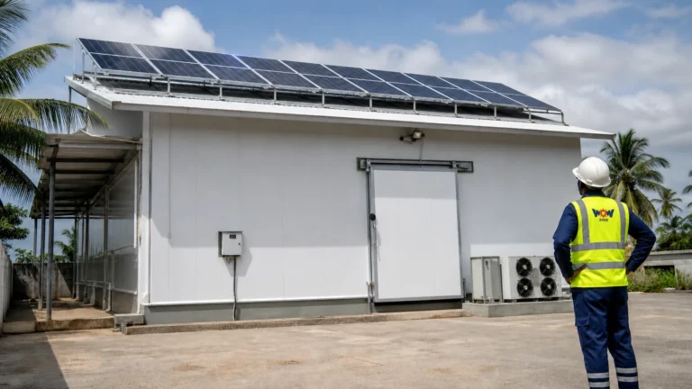 Technicien WOW2000 devant une chambre froide alimentée par des panneaux solaires