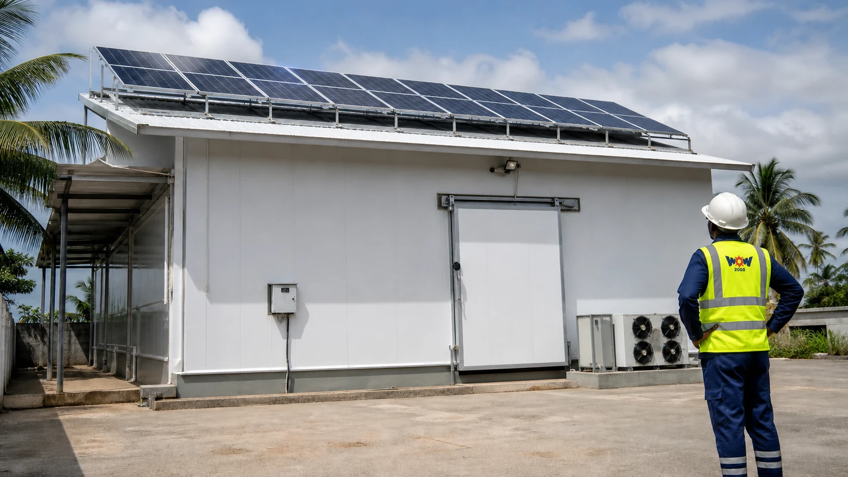 Technicien WOW2000 devant une chambre froide alimentée par des panneaux solaires