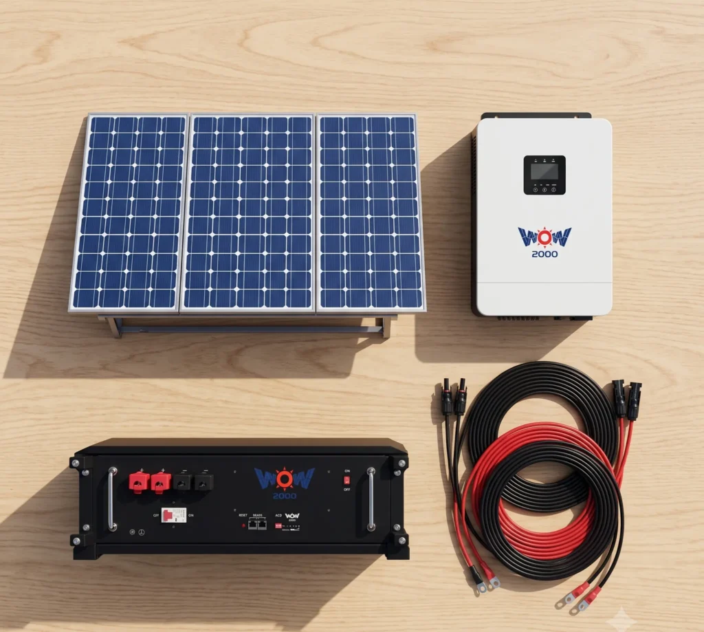 Composants d'un kit solaire autonome résidentiel : panneaux, onduleur et batterie