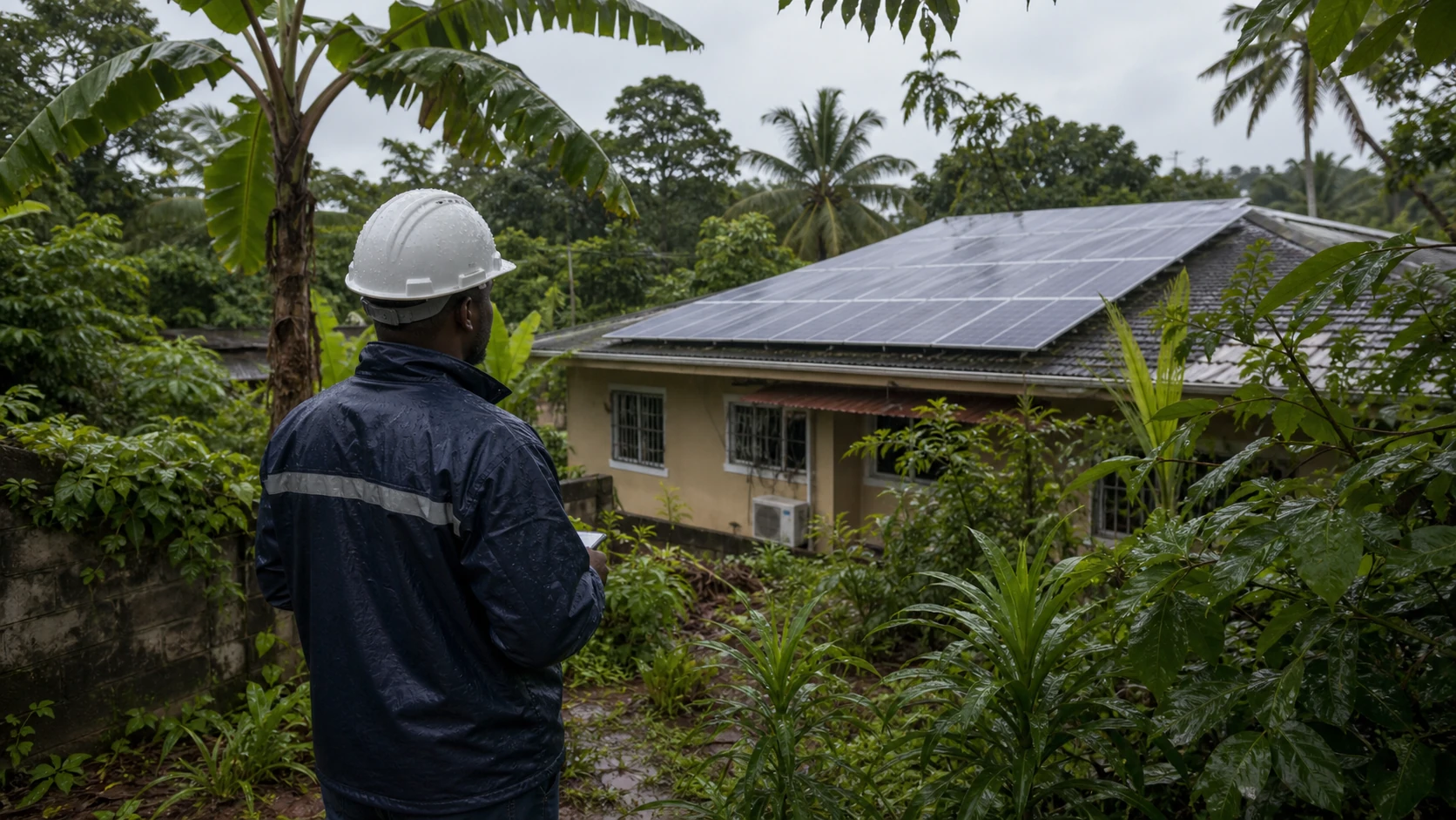 Technicien évaluant l'humidité et la végétation autour de panneaux solaires au Gabon