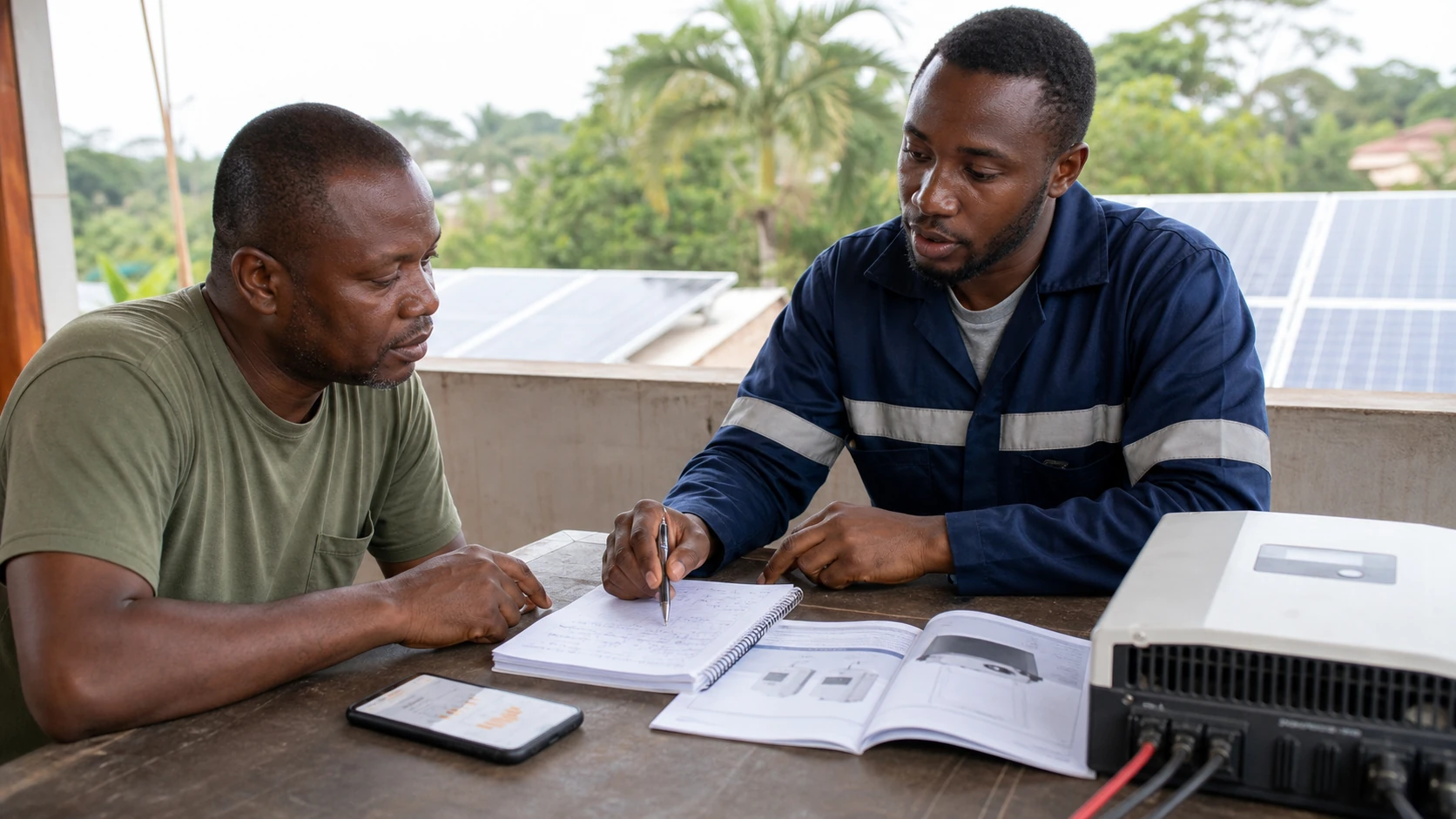 Technicien et propriétaire examinant le suivi d'une installation solaire