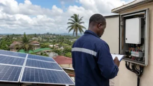 Technicien inspectant une installation solaire résidentielle au Gabon