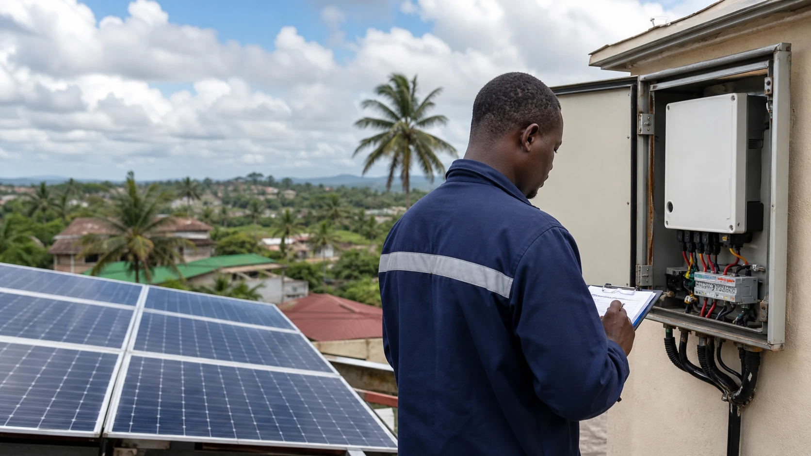 Technicien inspectant une installation solaire résidentielle au Gabon